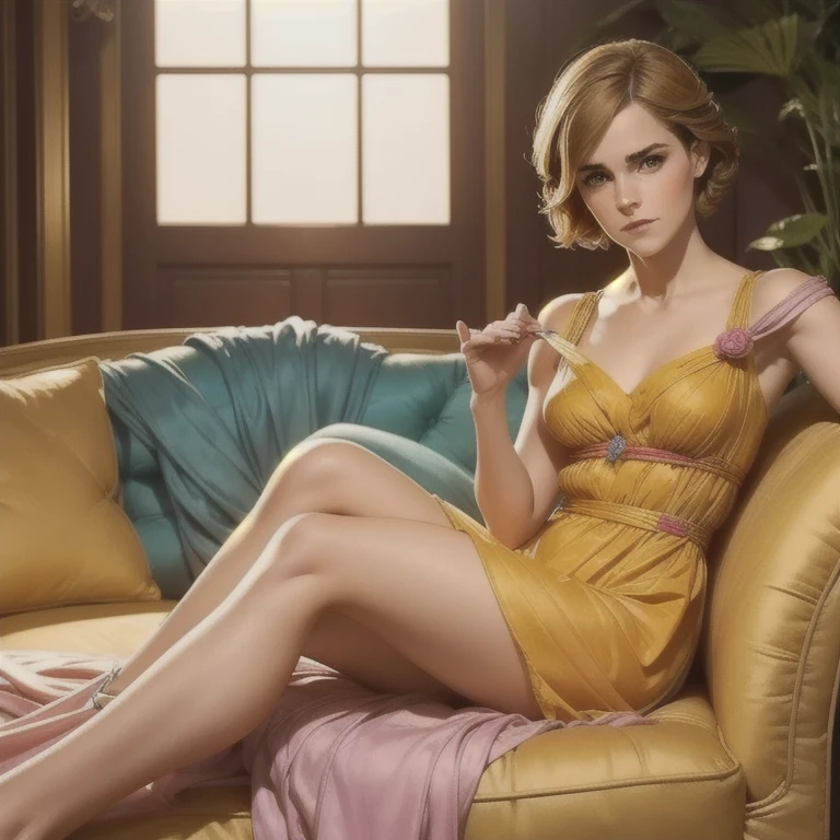 photo of Emma Watson (splendid, stunning face ,  perfect face , perfect whole body, wearing a summer dress, sitting on a comfortable sofa, (Sensual) (hyper-realistic)