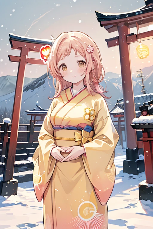 Sakuragi Mano, ((Mega Breasts)), Absolute territory,　smile, Fluffy, (Healing), ((feathers)),　brooch, medium hair, best quality, masterpiece, blush, light brown hair, 　outside curling hairstyle, side fringe, (forehead : 1.28), left-right symmetry fashion,　 winter, ((((snow)))), light brown hair, light brown eyes, 　(((spoken heart))), (Floral pattern furisode), (shrine), new year, (Japanese style gorgeous big vivid red flower hair ornaments), ((rich yellow obi)), ((((Gradient pattern very vivid pink and yellow frisode)))), sunrise, morning, standing, mountain, ((((hawk)))),　torii gate,