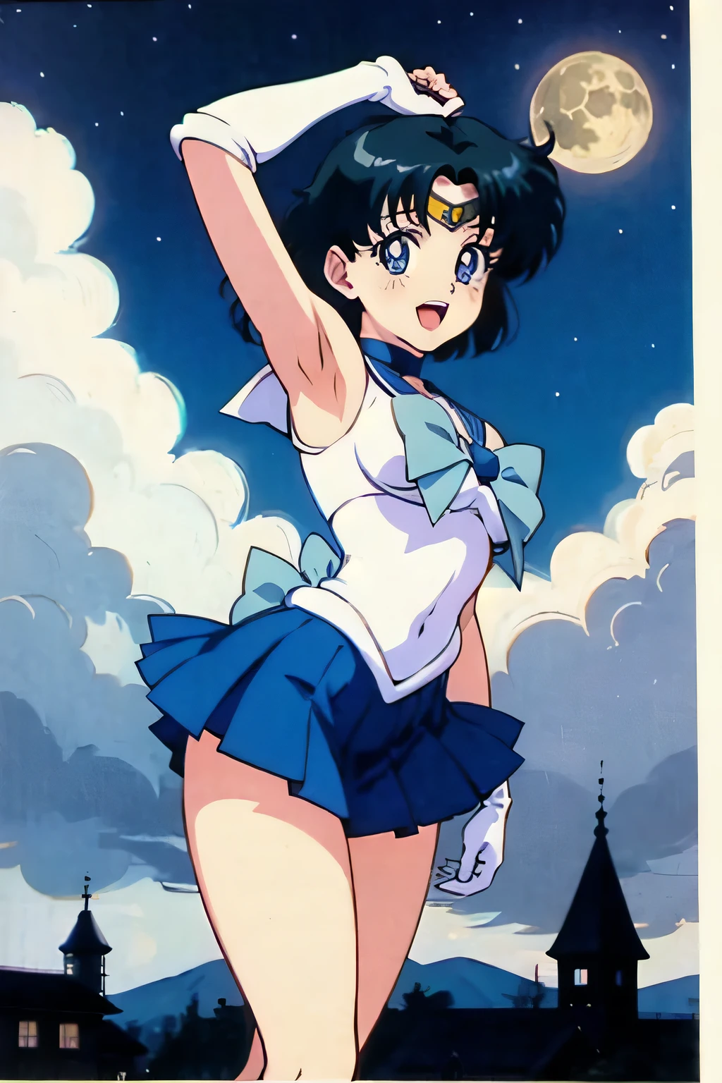 (masterpiece), 1girl, solo, perfect sexy female body,  anime screencap,1990s \(style\), (art by Naoko Takeuchi), rooftop, skyline, night, fog, starry sky, full moon, bishoujo senshi sailor moon, EPsmSailorMercury, short hair, blue hair, blue eyes, skirt, white gloves, cowboy shot, tiara, choker, solo, pleated skirt, blue skirt, smile, gloves, circlet, blue choker, open mouth, elbow gloves, sailor collar, back bow, sailor senshi uniform, jewelry, bow, blue bow, magical girl, blue sailor collar, ((sleeveless)), armpit