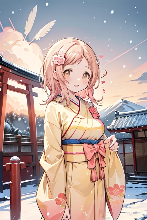 Sakuragi Mano, ((Mega Breasts)), Absolute territory,　smile, Fluffy, (Healing), ((feathers)),　brooch, medium hair, best quality, masterpiece, blush, light brown hair, 　outside curling hairstyle, side fringe, (forehead : 1.28), left-right symmetry fashion,　 winter, ((((snow)))), light brown hair, light brown eyes, 　(((spoken heart))), (Floral pattern furisode), (shrine), new year, (Japanese style gorgeous big vivid red flower hair ornaments), ((rich yellow obi)), ((((Gradient pattern very vivid pink and yellow frisode)))), sunrise, morning, standing, mountain, ((((hawk)))),　torii gate,