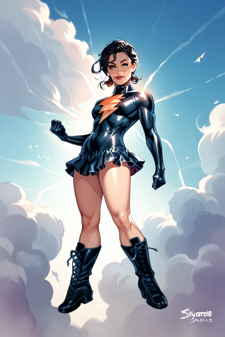 Mary marvel,black hair,mini skirt,covered shoulders,bare legs,tight suit,longue gloves,high boots,flying between skyscrapers,closed mouth