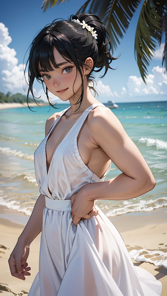 There is a woman in a white dress posing by the sea, Realistic paintings by Hiro Yamagata, Trending on Art Station, What it is？, Smooth anime CG art, Photorealistic anime girl rendering, Makoto Shinkai and Artgelm, Trending on cgstation, Captivating portrait of Tifa Lockhart, makoto shinkai. Digital Rendering