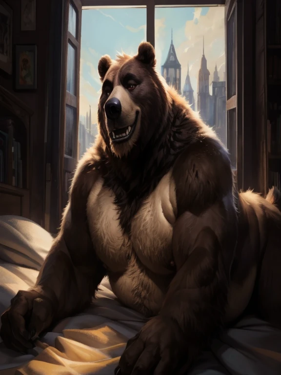 ((Best quality)), ((Masterpiece)), (Detailed), visage parfait, yeux parfait, detailed eyes, anthro (bear), male, alone, (bear), ((vue du dessus, on location), affalé sur le lit), lying on back, legs apart), ((chambre), lit, fenêtre qui donne sur la ville), relaxed position, wry smile, chubby, furry art, ours complètement habillé avec un débardeur et un short blanc, dad body, bear body, bear face, bear tail, digital art, costaud, canine tooth,hd, dark shadows, wide dynamic range, hdr, low light:1.2, sunlight, par mystikfox61, par darkgem, par Glitter Trap Boy, par bebebebebe