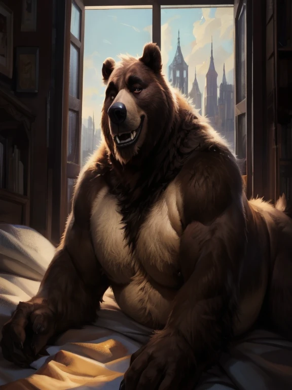 ((Best quality)), ((Masterpiece)), (Detailed), visage parfait, yeux parfait, detailed eyes, anthro (bear), male, alone, (bear), ((vue du dessus, on location), affalé sur le lit), lying on back, legs apart), ((chambre), lit, fenêtre qui donne sur la ville), relaxed position, wry smile, chubby, furry art, ours complètement habillé avec un débardeur et un short blanc, dad body, bear body, bear face, bear tail, digital art, costaud, canine tooth,hd, dark shadows, wide dynamic range, hdr, low light:1.2, sunlight, par mystikfox61, par darkgem, par Glitter Trap Boy, par bebebebebe