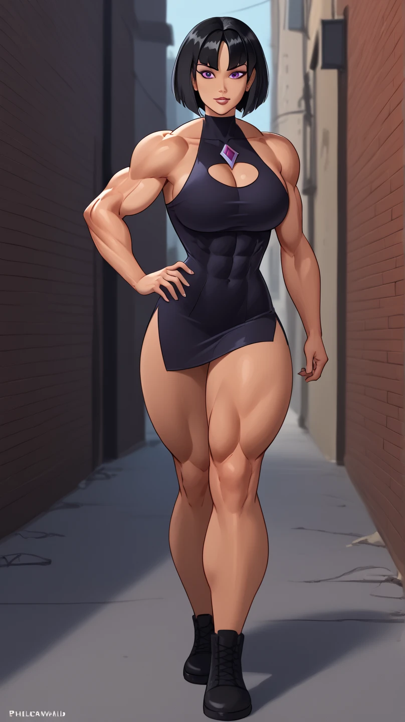 ((late evening)), ((summer evening)), ((muscular woman in a dark alley)), fullbody view, hypermuscular 19 yo ((Azerbaijani)) woman, rich elitist girl, massive bulky (extremely muscular: 1.5), breathtakingly beautiful muscle woman, (long straight raven-black hair: 1.3), tawny skin, steel-hard hypermuscular body, haughty arrogant proud, muscular powerful bodybuilder physique, perfect flawless musculature, wearing glamorous minidress, muscular thick arms