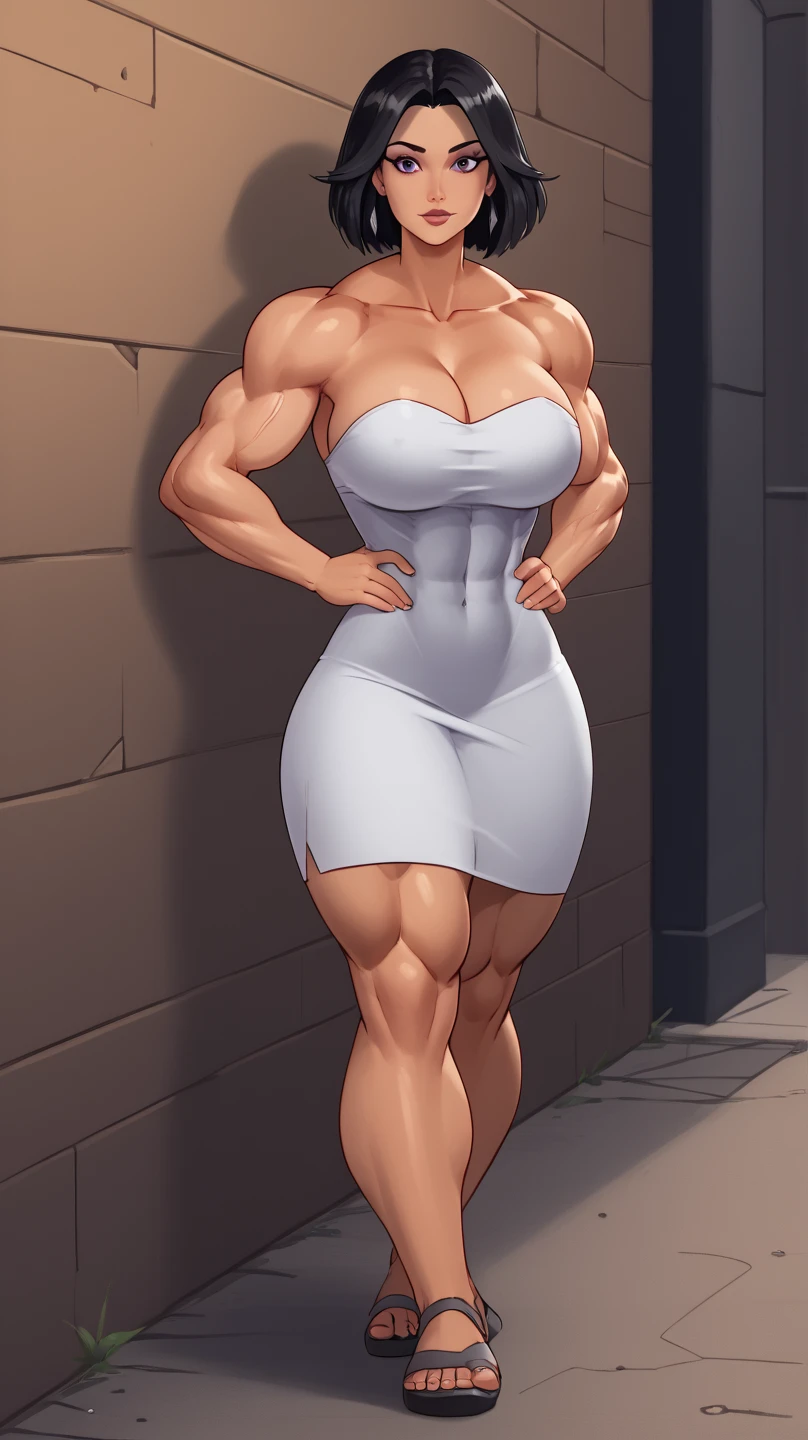 ((late evening)), ((summer evening)), ((muscular woman in a dark alley)), fullbody view, hypermuscular 19 yo ((Azerbaijani)) woman, rich elitist girl, massive bulky (extremely muscular: 1.5), breathtakingly beautiful muscle woman, (long straight raven-black hair: 1.3), tawny skin, steel-hard hypermuscular body, haughty arrogant proud, muscular powerful bodybuilder physique, perfect flawless musculature, wearing glamorous minidress, muscular thick arms