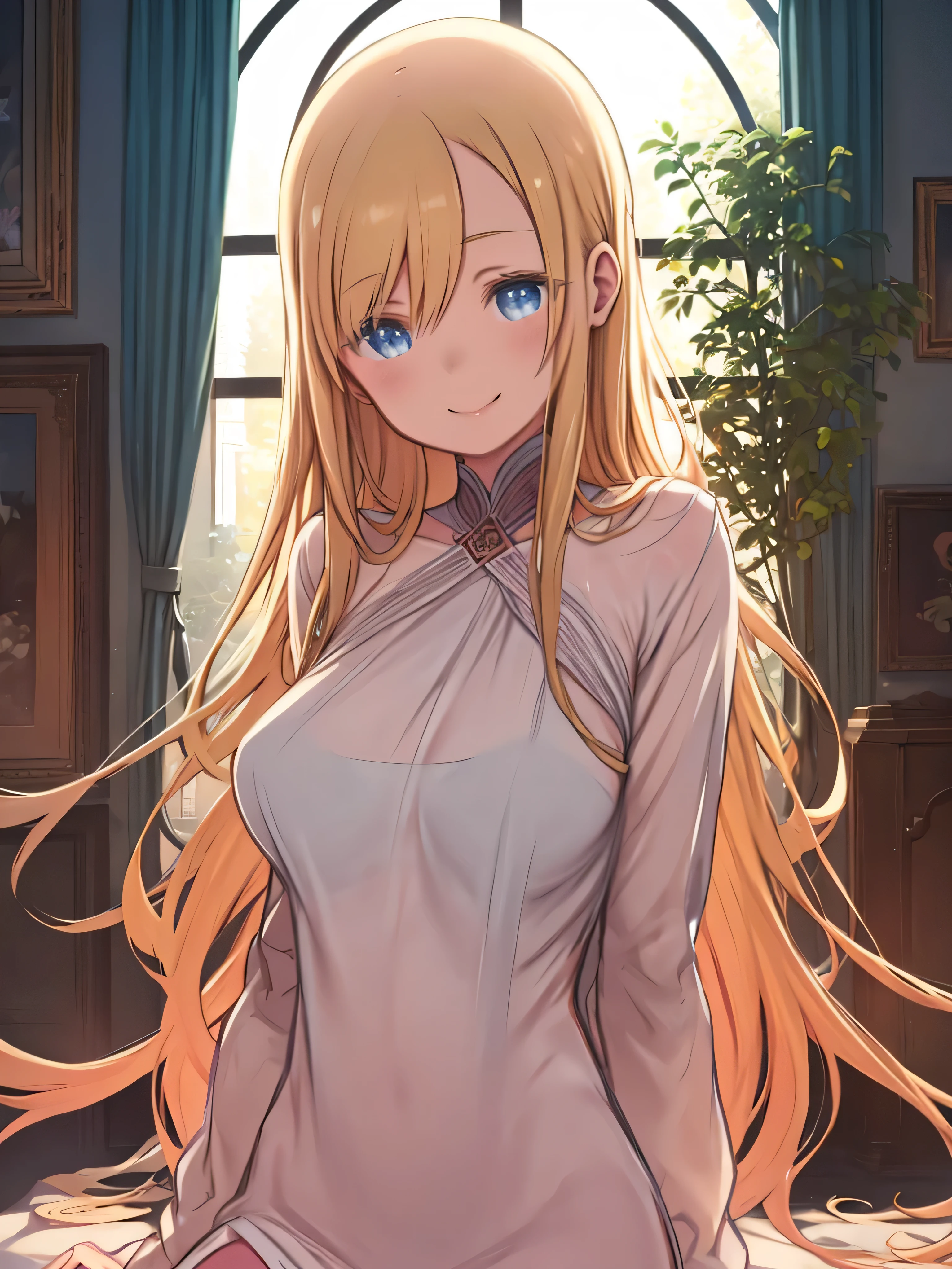 beautiful women, nudes, blond hair、 straight long hair , blue eyes、indoor, soft lighting , Plants in the background, windowless room, cozy room , relaxed posture , Warm colors, since age 27、Smile 、smile、 pink nightgown、 sheer clothes、Big Breasts、