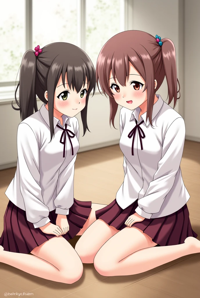 Outrageous resolution, high res , (Masterpiece : 1.4), The is very detailed , ((( delicate face , express in detail)), twogirls, Girls and girls, Friends, best Friends, schoolmate, unwind, pony tails, Bob, sitting on Beds, sitting down on the floor, Two people talk, Room background, Friends, best friends, Duan, 1k, small rooms, 窗帘, Beds, tvp, desks, 居Duan服, Kyoto Animation, Kyoto Animation的氛围, (tearful)