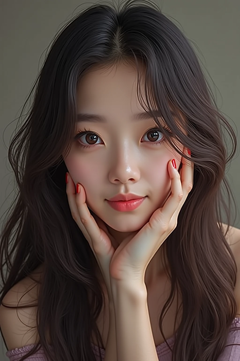 (hyper realisitc), (illustratio), ( high res ), (8 thousand), (Very the detailed), (Best illustratio), (Beautiful and the detailed Eyes), ( Best Quality ), (Ultra the detailed), (Masterpiece ), (the wallpaper), (the detailed Face), Facial pores,Solitary,one-girl,, Fine the detail, the detailed Face, (the detail),(realistic illumination: 1.1),Photo of a long-haired woman smiling at the photo, A cute Korean face, , Korean actress, , 可爱的Korean actress, Beautiful young Korean woman,