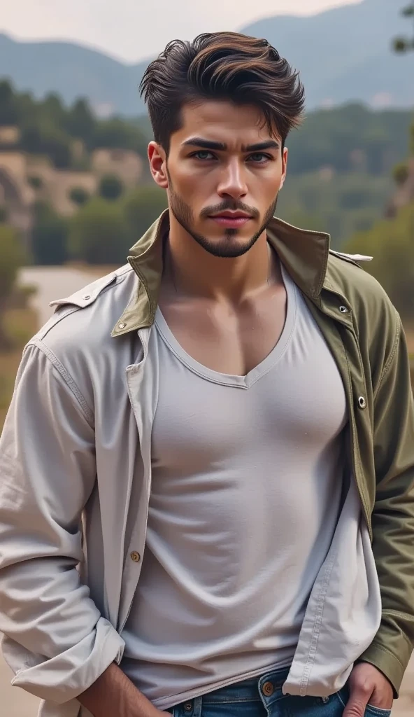 jaket, man green eye , conclusion , face perfect, Beautiful and graceful direct look,Lack of beard (shaven),brazileiro ,handsome guy