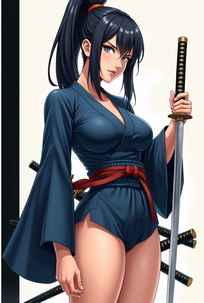 1 girl standing on a cliff wearing samurai armor, black ponytail hair, blue eyes, beautiful face, holding a katana,