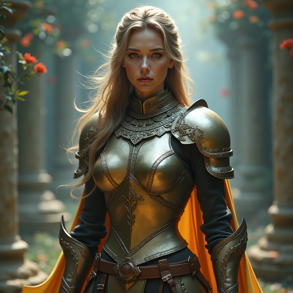 head of'artwork, a pretty woman, sparkling eyes, cheveux blonds, broad shoulders, corps fort, highly detailed pale skin with light freckles, Highly detailed filigree armor, dehors, (Texture de la peau:1.1), best quality, ultra haute résolution, photo brute, Nikon D850, backlight, rim light, dazzling sunlight, grain de film:1.2, (warm hue, ton chaud:1.2), (photo couleur), fantasy landscape background