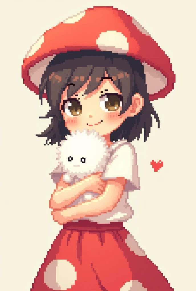 Create a cute female character wearing a red mushroom hat and white shirt as well as a red skirt with large white polka dots and holding a cute bunny in pixel art anime style 