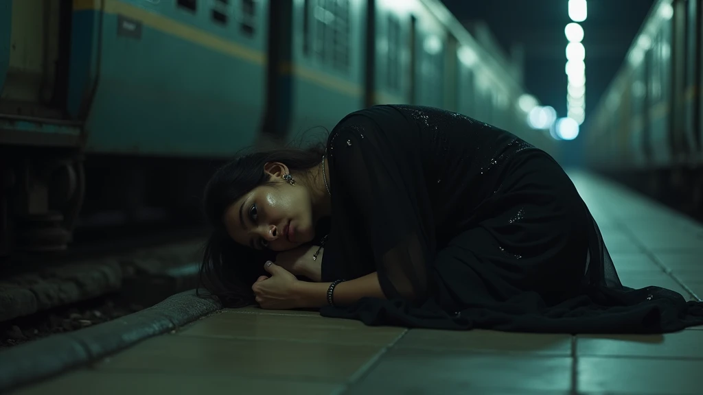 "As a train rumbles down the tracks, a lone Indian woman, wearing a black dotted shirt and full pants, falls onto the railway line, her leg severed in the tragic accident. Lying helpless on the ground, she's shocked to feel a tiny mouse scurry out from beneath the train and bite her injured leg. The train's horn echoes through the air, a haunting soundtrack to her distress, as she cries out in pain and fear, her body shaken by the trauma of the moment.