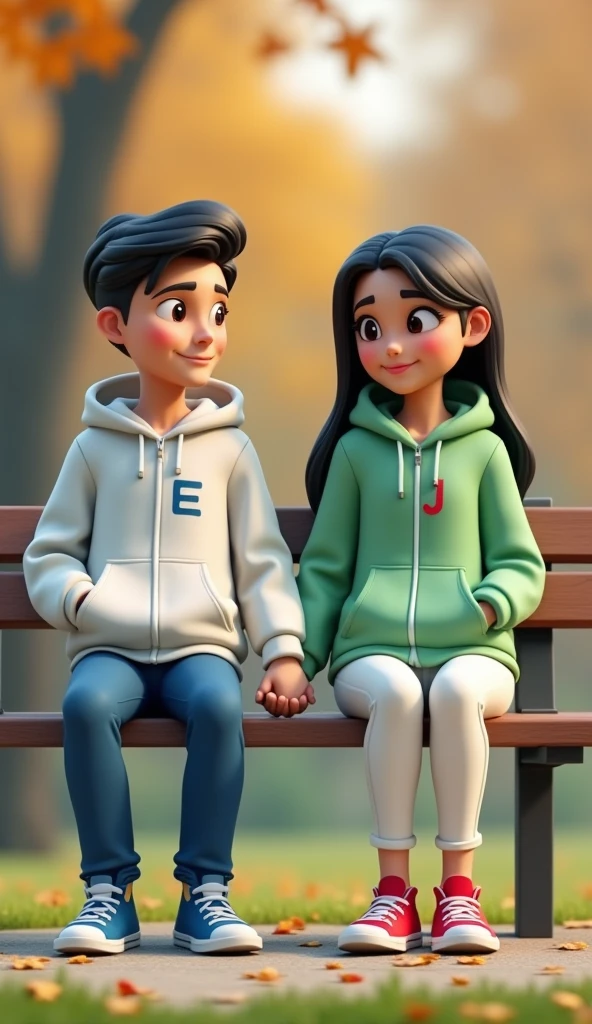 Create a 3D inage of a man and woman holding hands wearing a white hoodie jacket with the name "E" written on the front of the man's hoodie jacket and the name "J" written on the front of the apple green woman's hoodie jacket, the woman has long black hair, wearing white pants, blue sneakers. the man has short hair, blue pants, red nike shoes. casually sitting on a park bench. At the top of their head is written a name 'MHINE" background. Looking at viewer, Wide Shot, 