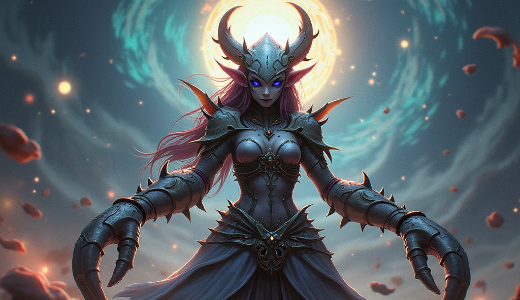 Beautiful Alluring female drow knight, she is wearing an ornated horned crown, Mythology Theme, Fantasy Theme, purple Skin, fair long white hair, red eyes, a cup size extremely small , Inside A magical dark bioluminescent mushroom forest, Barely Clothed, gothic spiked bikini armor, Beautiful D&D Character Portrait, Beautiful Fantasy, Detailed, Digital Art, Extreme Detail, Polished, Beautiful, Hyperdetailed, Intricate, Elaborate, Meticulous, Anime Character, Detailed, Anime Face, Sharp Focus, Unreal Engine, 3d Rendered, Volumetric Lighting, Reflections, Glossy, Digital Illustration, Sensual Pose, Suggestive Pose, Full Body Shot, small perky breastsmically correct ๐โค๐๐โฃ