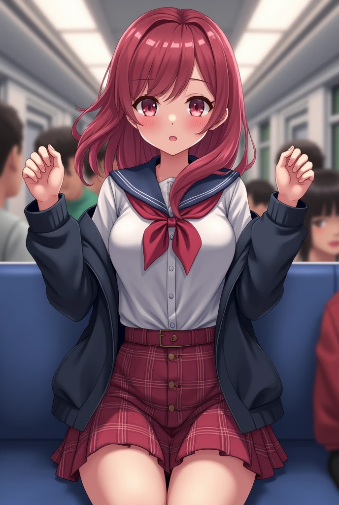 (Best quality, 8K, Masterpiece:1.3, 1 girl, Beautiful girl), Cute, Dynamism, Detailed face, Detailed skin, Detailed eyes, Detailed lips, Detailed fingers, Detailed mouth, Photorealistic, Raw photo, highres, Natural lighting, dynamic pose, perfect anatomy, toned legs, round eyes, double eyelid, tareme, moist lips, wet clothes, squatting with spreading legs, sweaty, (peeing), drooling, half closed eyes, men are grabbing her thighs, excited men, sailor school uniforms, buttoned white shirt, pleated skirt, (ahegao:1.5), steam:1.5, ecstatic face, sticking tongue out, skirt tug, on the dark subway, thighhighs, cowboy shot, shape of nipple, (vibrator in thighhighs), pink hair, wavy hair, night, cum on thighs, panty pull, vibrator in thighhighs