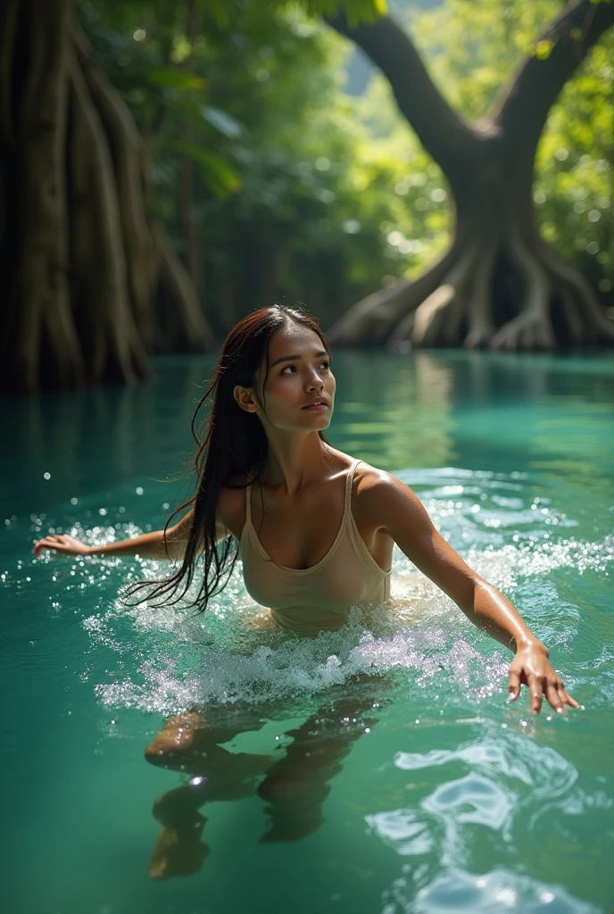 close up photo of two 5 year old asian girls with bikini diving underwater in a small jungle pond pool. The girl with long blond hair is diving half underwater and half over water. the other girl with long brown hair diving on ground in the water. The swimming pool is located on a beautiful jungle summer oaser with waterfall. In the background, there is a wonderfull sunset sky and trees and rocks can be seen behind it., photo, cinematic, vibrant, portrait photography