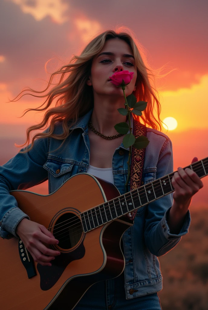 blonde woman, singer, young, no face just silhouette, with a guitar