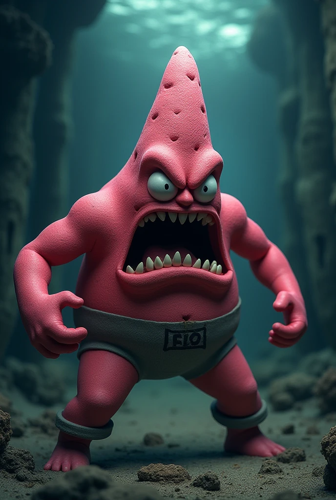 score_9, score_8_up, score_7_up, score_6_up, score_5_up BREAK Hate fish, looking at viewer, solo, 1boy, anthro, muscular male, hunchback, spikes on back, very thick arms, tusks, underbite, double chin, skull tattoo on arm, pink skin, (giant and barely contained bulge, hyper, hyper penis, hyper balls, strained black speedo, shirtless : 1.3), smiling, teeth, hunchback, facing front, (groping bulge : 1.2), on knees, kneeling