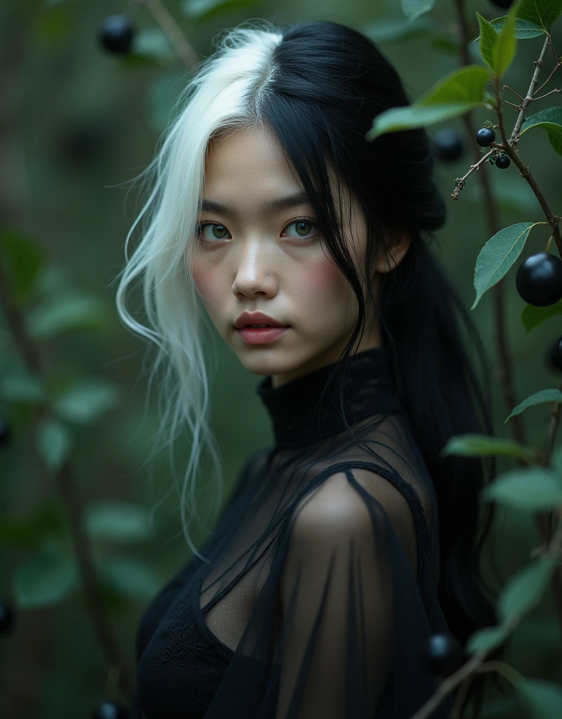 Thailand girl, pale skin, White long hair, There is blood on the cubes, fingers covered in blood, dark moss, high grass ,big boobs, naked