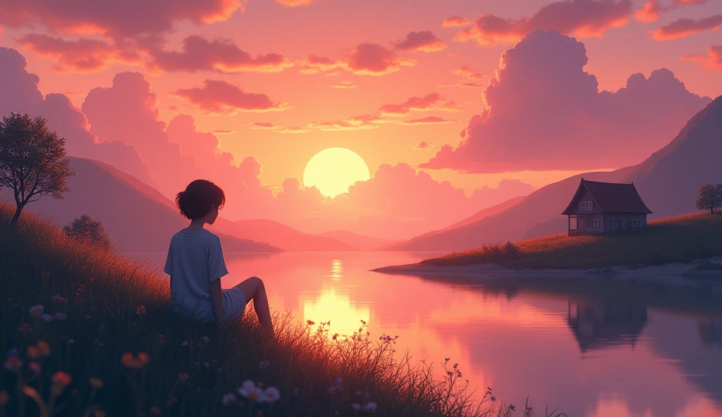 Beautiful Viewa Animation Beautiful natural scenery. lake. simple house. fantasy. animation ...