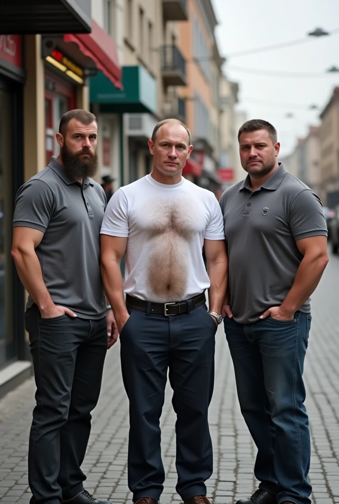 Three man 60 age man, muscular fat hairy body, hairy chest, thick chains collar, bdsm gears, leather harness, age 60, chubby muscle white men, opening formal suit, daddy, hairy bear belly, big dirty bulge pants

