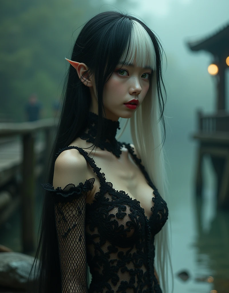 （raining day：1 bun lady，Tattooed with，Smoky makeup，Black hair combed into a bun,extra very long hair）standing on your feet，standing on your feet， tmasterpiece， best qualtiy， RAW photogr， realisticlying， the face， Incredibly Ridiculous res， Beautiful elf beauty， ear studs，Get wet all over， (Extra-long dark black hair，double bun hair)， black formal，Dark lace Lolita dress，(black lence stockings)，Black stockings，two longer legs，Stocking feet，(Martin boots+)，depth of fields， A high resolution， ultra - detailed， filigree， RAWE is very detailed， very detailed eyes and faces， Sharp pupils， realistic pupil， tack sharp focus， cinmatic lighting，full bodyesbian，Bigboobs，long leges，From the front side，Main street on a rainy day，dynamicposes
