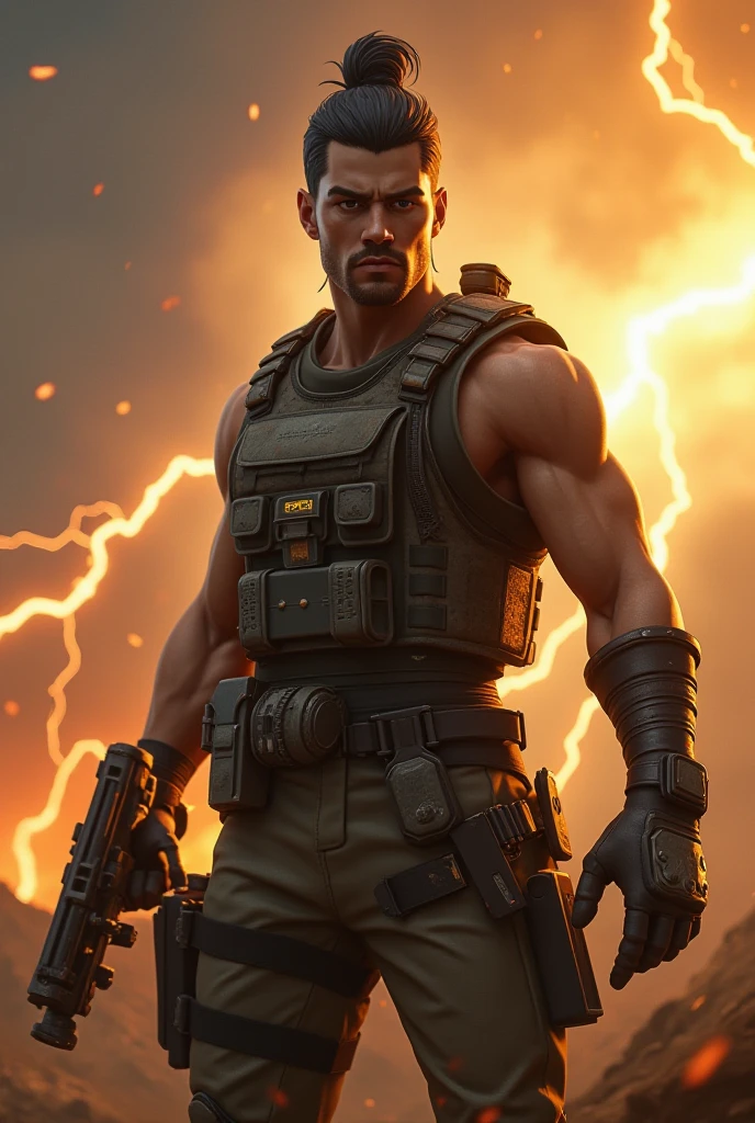 A very strong man with bulging muscles, skin is green, short black hair, super angry, has purple shorts that are ripped, using his fists