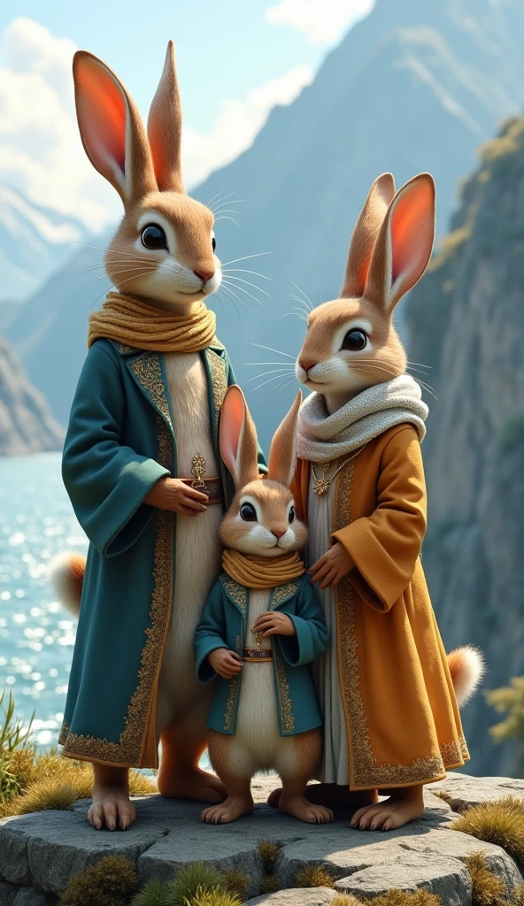 Make a anthropomorphic rabbit family male female and daughter they face ...