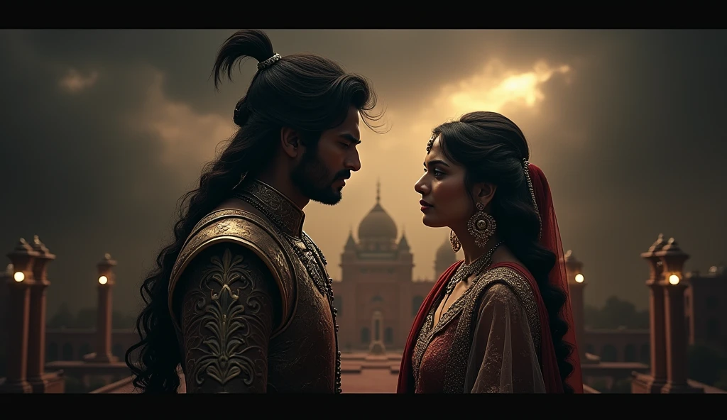 "A dramatic scene depicting Bajirao and Mastani in a moment of emotional turmoil. Bajirao, wearing traditional Maratha armor, looks resolute yet torn, while Mastani, dressed in a regal outfit, gazes at him with a mix of love and sorrow. The backdrop features a dimly lit royal setting, with dark clouds above, symbolizing the tension and duty they face. The atmosphere is heavy with emotion, capturing the struggle between love and responsibility in a historical context."

