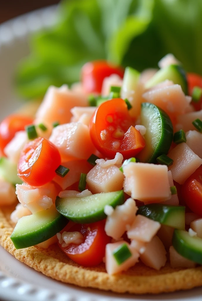 
SURIMI SALAD

1 kilo of surimi 
3 red tomatoes 
1/ 2 onion 
2 cucumbers 
Jalapeno pepper to taste 
4 tablespoons of the vinegar of the jalapeño peppers 
Mayonnaise to taste I added one of the medium ones 
Tostadas

We start by washing our tomatoes and peeling the cucumbers and chopping the tomatoes into small pieces,Like cucumber and onion  ,  jalapeño pepper the amount to taste we chop and add everything to a bowl ,

 We chop the surimi finely and add to the bowl with the vegetables we add the vinegar juice of the chilies ,  the mayonnaise and they boil very well we take it to the refrigerator for an hour and ready to enjoy some delicious surimi toast  .