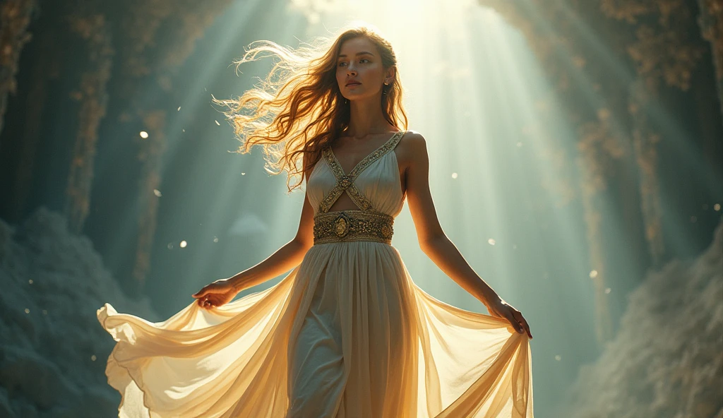 A character with four arms, a beige body, a beautiful light beige head, and brown hair. 
