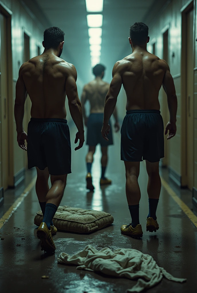 A burly, hairy red-haired police officer in navy blue underwear points a pistol at a black man kneeling inside a public restroom surrounded by other men.