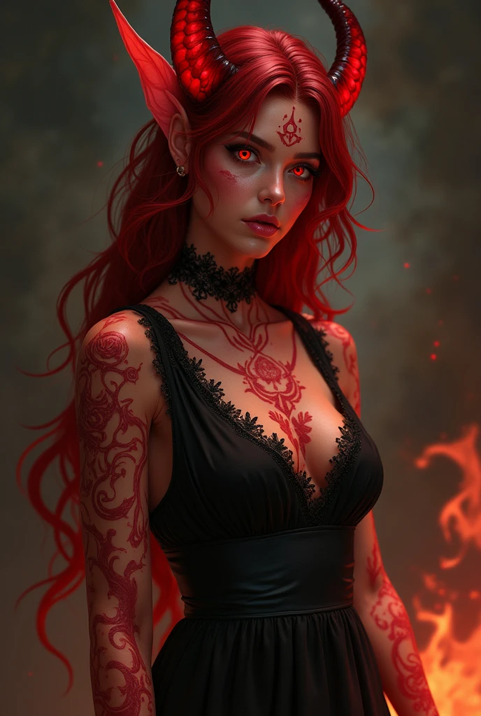 tiefling , -yeld gi,red,with tattoos and fire and an elegant black dress