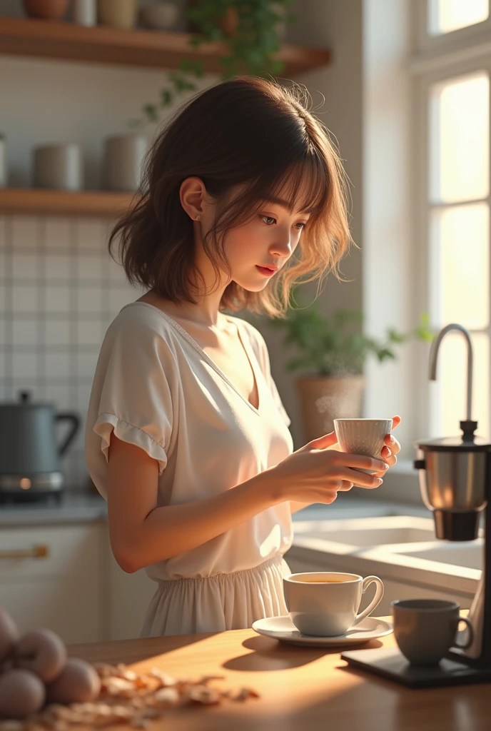 a girl pouring a coffee in a cup in the small coffee shop