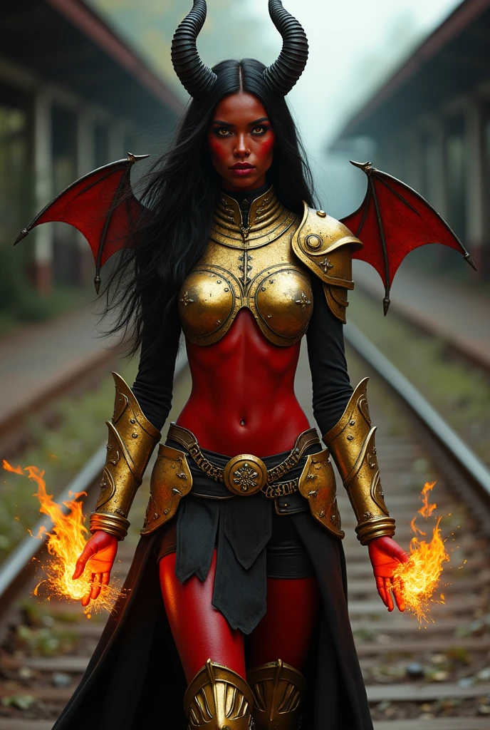 Detailed digital painting of full body female Baldur's Gate 3 Demon Mizora, Amita Suman, stunning pretty but mean facial traits, grey skin, leathery huge and black demonwings, fiery and ominous atmosphere, high quality, digital painting, menacing demonic features, glowing eyes, intense expression, swirling background flames, dark and foreboding color tones, intricate horns, fiery backdrop, dramatic lighting