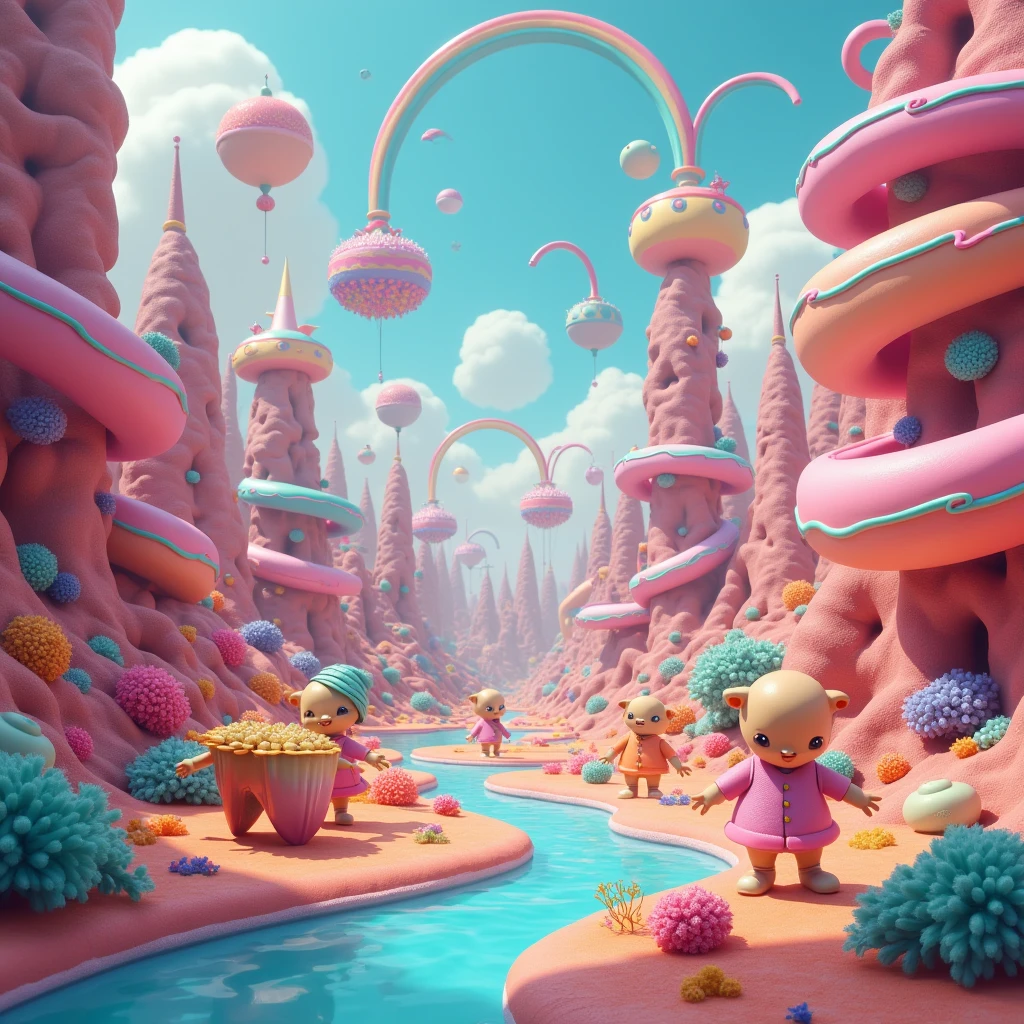 A whimsical planet scene with giant rainbow slides, a flowing candy river, and s and aliens playing together.