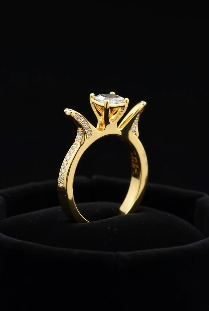 A modern and luxurious gold ring with a sleek, polished 18-karat yellow gold band. The band features a unique split design with asymmetrical curves, giving it a contemporary and elegant look. At the center of the ring is an emerald-cut diamond, approximately 2 carats in size, set in a bezel setting for a minimalist yet sophisticated appeal. The diamond is exceptionally clear and sparkles brilliantly, accentuated by small pavé diamonds delicately encrusted along the edges of the split band. The overall design exudes opulence and modernity, ideal for both formal and upscale casual occasions. The ring is displayed against a dark velvet background, highlighting its luxurious craftsmanship.