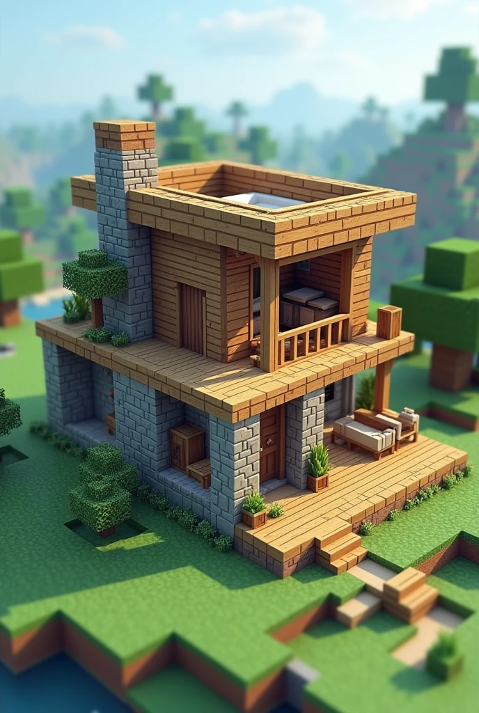 I want to create a plan for a Minecraft house ,  this structure must have only what is necessary for the game ,  next to the plan there must be a 3d image of what it should look like 