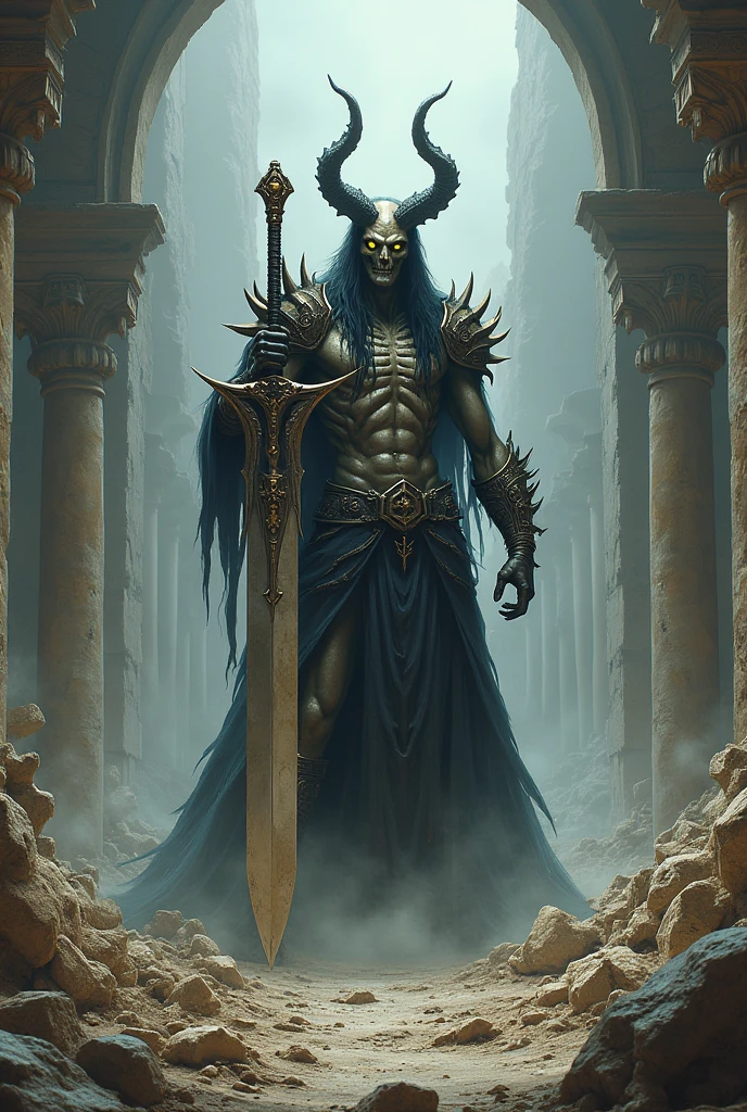 Demonic warrior . He's holding a giant sword . He's in skeletal ruins