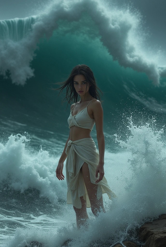Indian  girl swim out of ocean her legs are tide with thread with stone