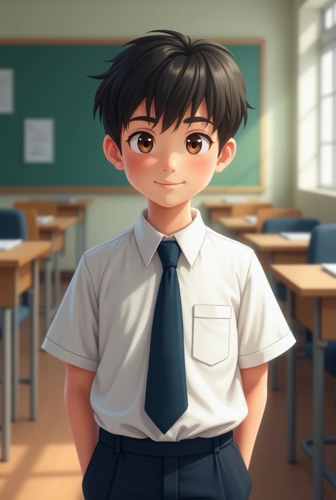Captured within a classroom setting, a young boy sits with an air of innocence that barely conceals his mischievous smile. His medium-length hair, a mix of brown and black tones, adds a touch of character to his overall appearance. Despite his low height that gives him a childlike aura, his gaze holds a glint of playful mischief. His cute face contrasts with the subtle evilness in his expression. The classroom provides a backdrop that contrasts with his hidden intentions. Style: Cartoonish digital artwork with exaggerated features, emphasizing his expressive face and the subtleties of his smile