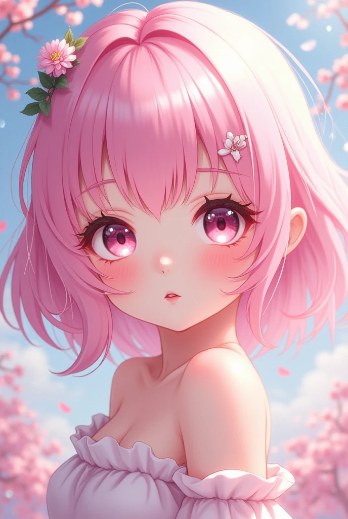 Face close-up、short hair、girl１、smile、cherry blossoms、red eyes、Open your mouth、Pink Lips、Large Breasts、Cleavage、night、Starry Sky、Hide your arms behind your body、Glowing Hair、moonlight、(looking down:1.2)、inwardly curled hair、
