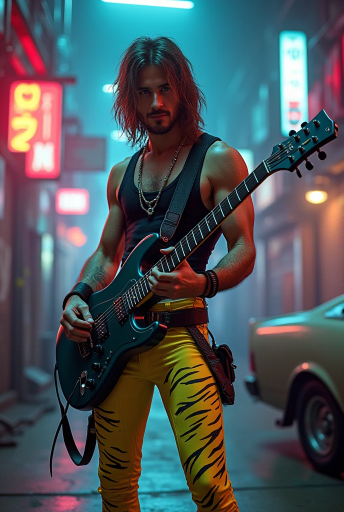 Create an 80's ai Richie Sambora image with a gym tank top and zebra stripe yellow tights and cyberpunk version explorer guitar