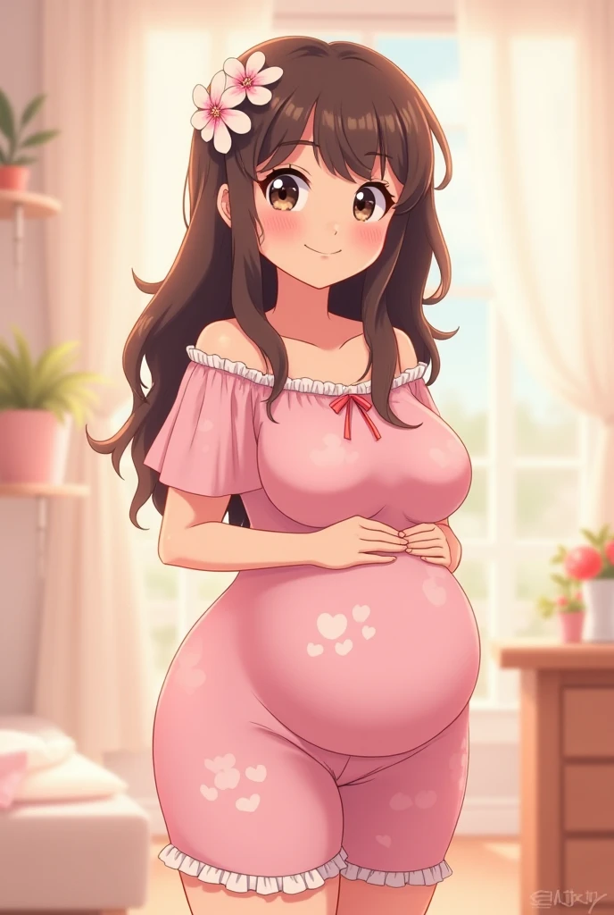 1 sexy MILF, pregnant, pink floral skirt, light pink fishnets stockings, long hair brunette, green eyes.