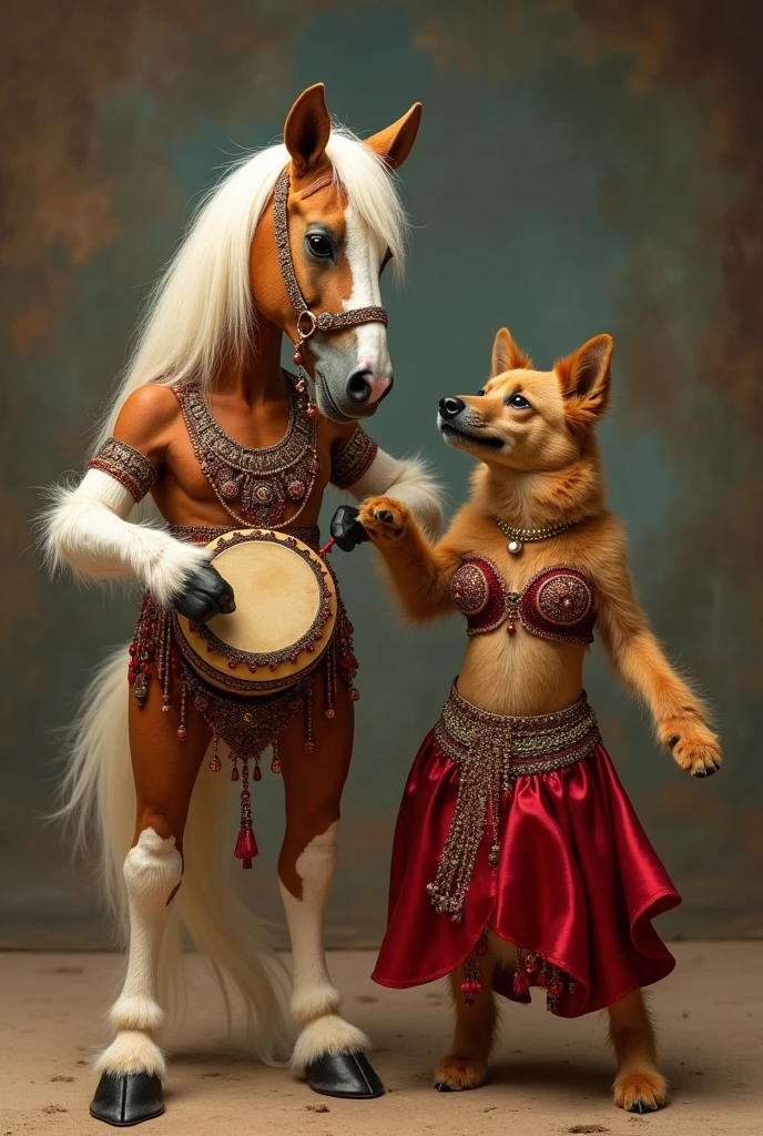 Fine Art, black-white-red-green, high contrast, National Geographic Foto: André Uhlisch - Art, , digital painting of a colorful old bird with glowing legs, in a glittering dress and delicately arranged furry arms and dusty legs,riding on the head of a dog . recorded in the style of post-apocalyptic Fu