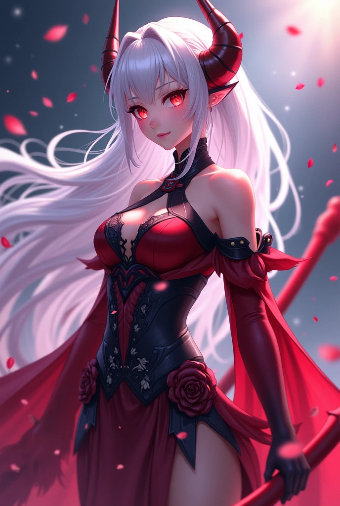 White hair, red eyes, large breasts, long pointy ears, vampire girl, solo