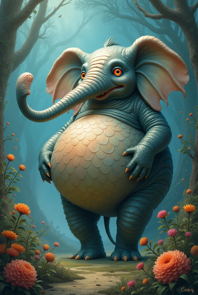 (Obese, Overweight, male, anthro, elephant), standing, nude, fundoshi, big bulge, luminiscent blue eyes, by hyilpi, Enchanting garden, blooming flowers, magical creatures, Intricate details, vibrant hues, dreamlike ambiance, morning and fog, hyper realistic, golden ratio, highly detailed,matte painting