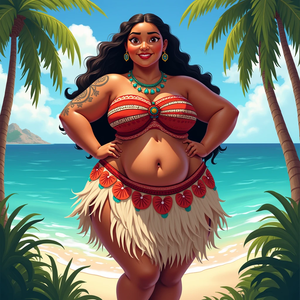 (work of art:1.2, best qualityer:1.2), soft ambient lighting, perfect lighting, 1 girl, standing alone, Chel, Bblack hair, long hair, rhombus stripe, eyes browns, darkskin, lipstick, breasts big, Broad Hips, top of the tube, neckleace, bared shoulders, emerald earrings, emerald bracelets, looking at the camera with a smug expression on his face, beach background, very large body, fat belly rolls, big breasts, sexy smile, fat arms, thunder thighs, super fat, looking at viewer, wet clothes, sweating very hard, sexy looking, blob